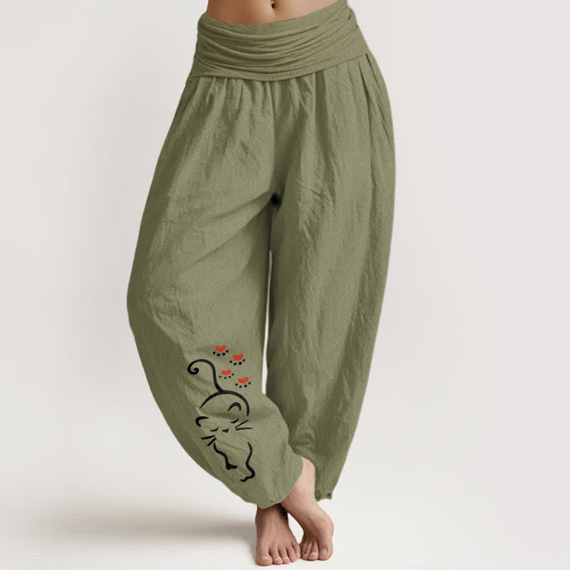 Buddha Stones Pantalon harem pour femme en pur coton, motif chat, taille élastique - Vert olive - US16，UK/AU20，EU48 (3XL) - image 14