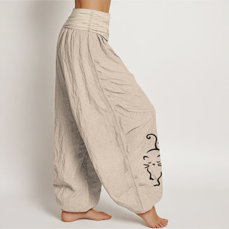 Buddha Stones Pantalon harem pour femme en pur coton, motif chat, taille élastique - image 2