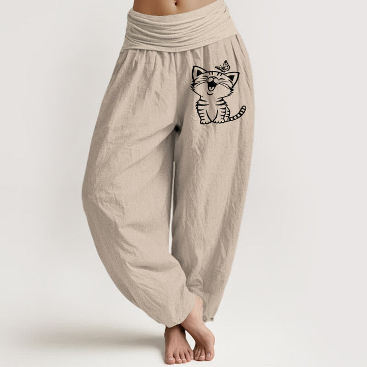 Buddha Stones Pantalon harem femme en pur coton à motif chat et papillon, taille élastique - Tanné - US16，UK/AU20，EU48 (3XL) - image 14