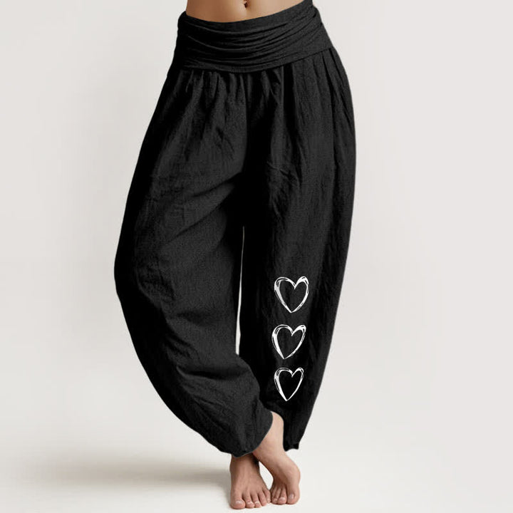 Buddha Stones Pantalon harem pour femme en pur coton, motif trois cœurs, taille élastique - Noir - US16，UK/AU20，EU48 (3XL) - image 0