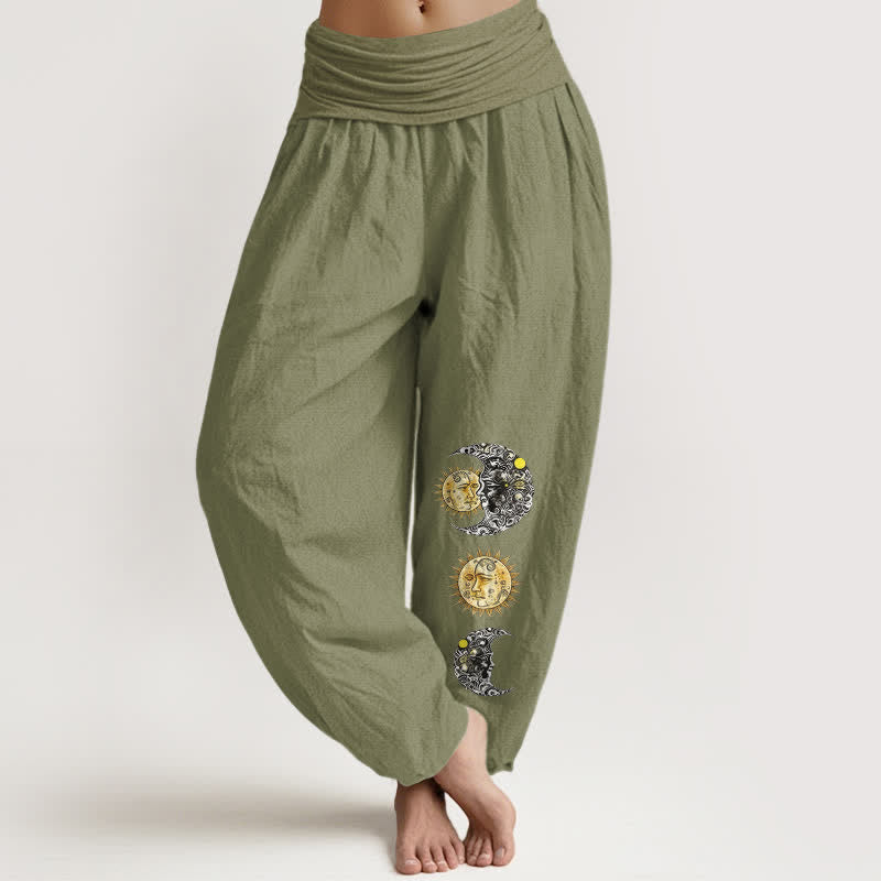 Buddha Stones Pantalon harem pour femme en pur coton à motif soleil et lune et taille élastique - Vert olive - US16，UK/AU20，EU48 (3XL) - image 11