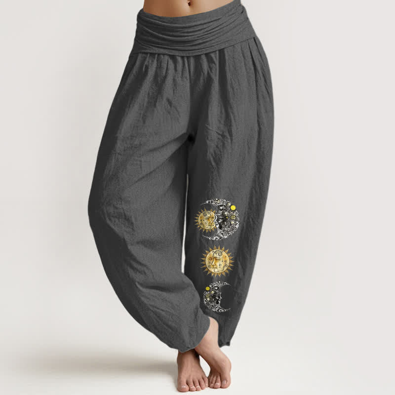 Buddha Stones Pantalon harem pour femme en pur coton à motif soleil et lune et taille élastique - Gris sombre - US16，UK/AU20，EU48 (3XL) - image 8