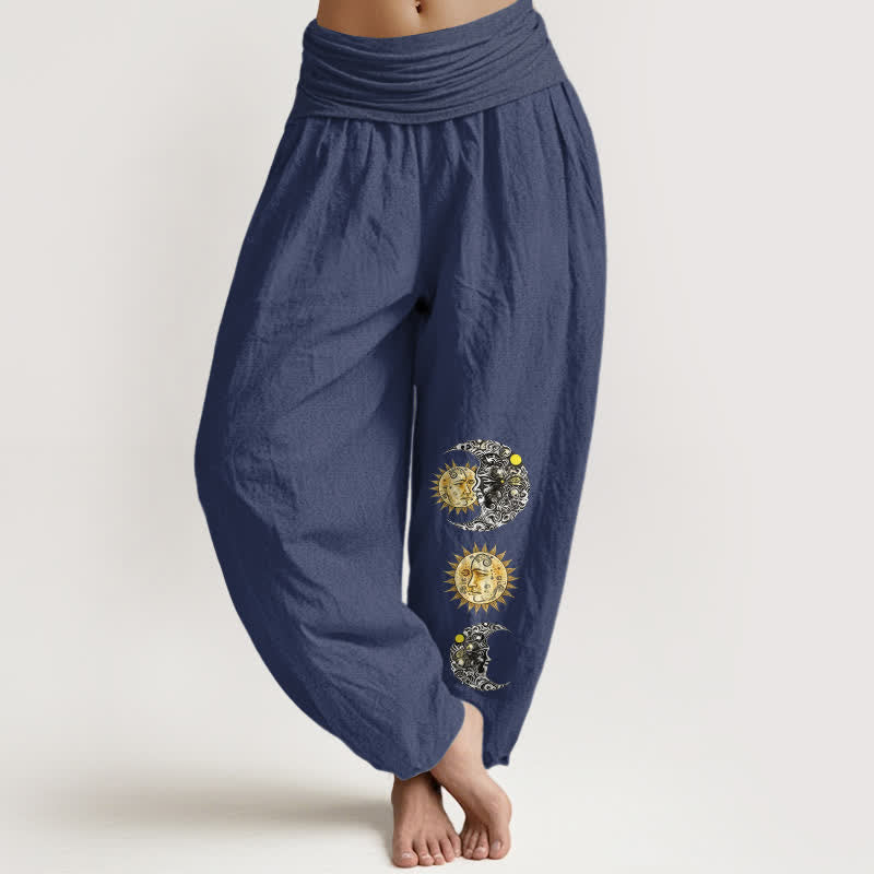 Buddha Stones Pantalon harem pour femme en pur coton à motif soleil et lune et taille élastique - Bleu ardoise foncé - US16，UK/AU20，EU48 (3XL) - image 5