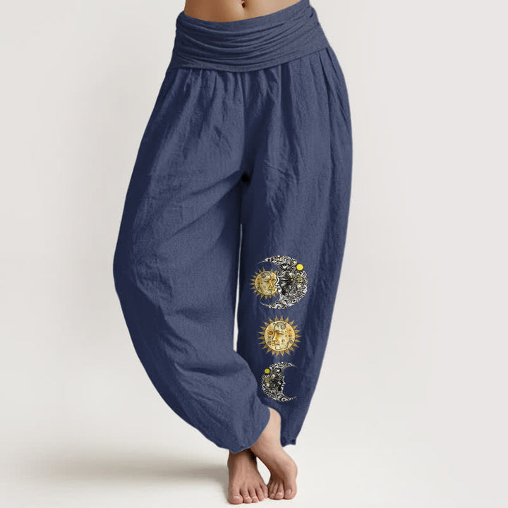 Buddha Stones Pantalon harem pour femme en pur coton à motif soleil et lune et taille élastique - Bleu ardoise foncé - US16，UK/AU20，EU48 (3XL) - image 5