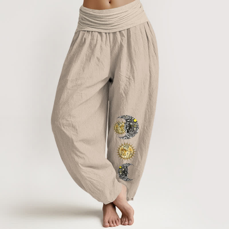 Buddha Stones Pantalon harem pour femme en pur coton à motif soleil et lune et taille élastique - Tanné - US16，UK/AU20，EU48 (3XL) - image 14