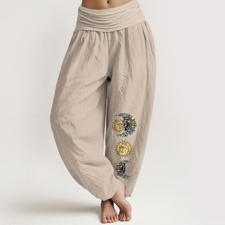 Buddha Stones Pantalon harem pour femme en pur coton à motif soleil et lune et taille élastique - Tanné - US16，UK/AU20，EU48 (3XL) - image 14