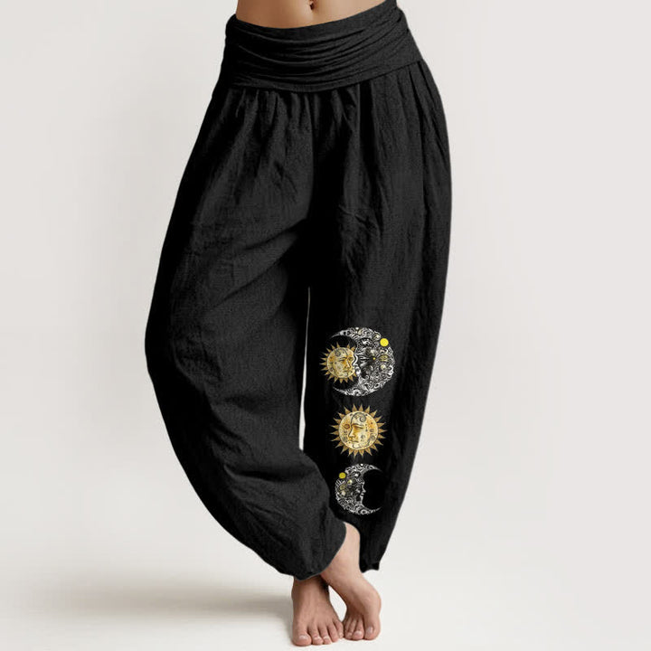Buddha Stones Pantalon harem pour femme en pur coton à motif soleil et lune et taille élastique - Noir - US16，UK/AU20，EU48 (3XL) - image 0