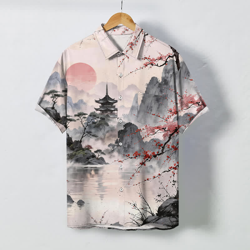 Buddha Stones Chemise à manches courtes respirante pour homme, motif floral et pavillon, inspirée des paysages d'encre - Lin - US/UK/AU48，EU58 (4XL) - image 0