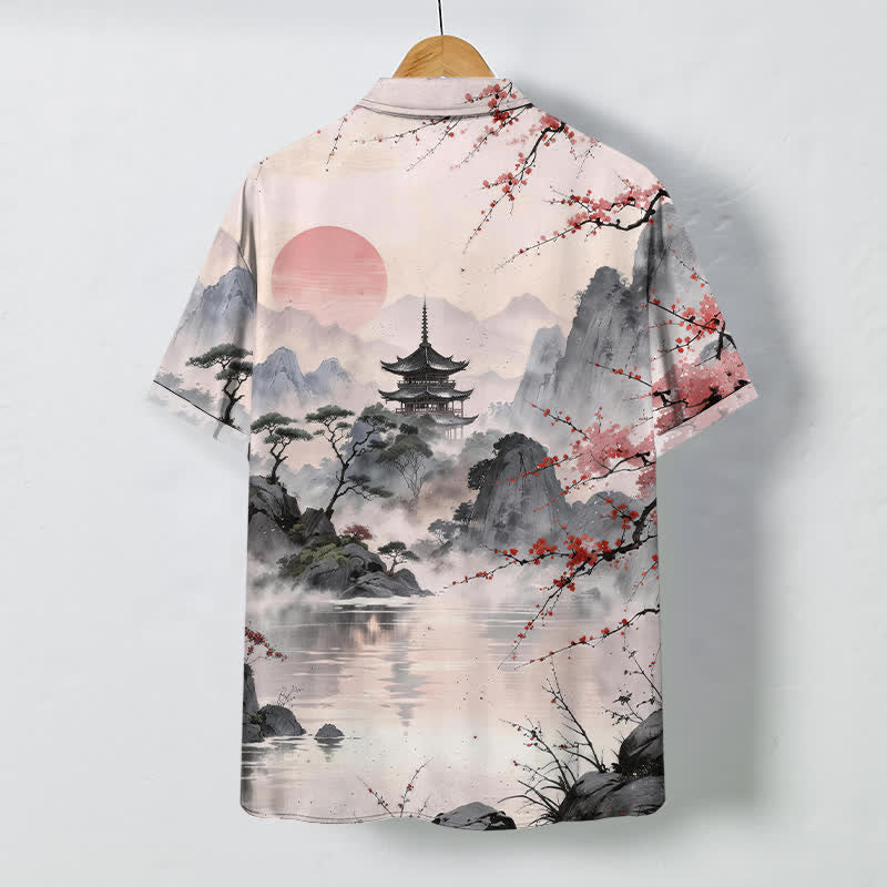 Buddha Stones Chemise à manches courtes respirante pour homme, motif floral et pavillon, inspirée des paysages d'encre - image 1