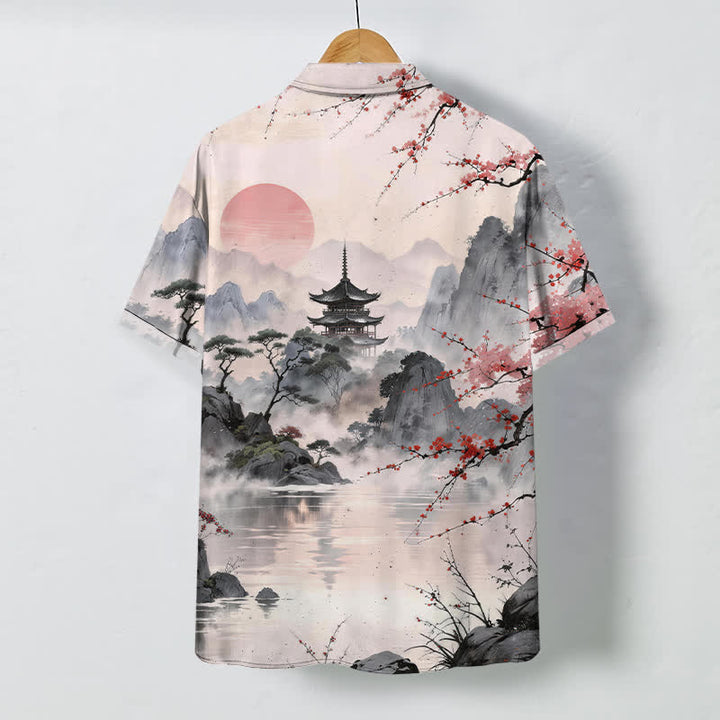 Buddha Stones Chemise à manches courtes respirante pour homme, motif floral et pavillon, inspirée des paysages d'encre - image 1