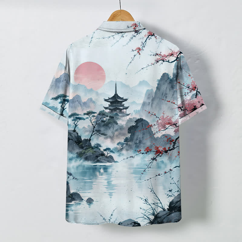 Buddha Stones Chemise à manches courtes respirante pour homme, motif floral et pavillon, inspirée des paysages d'encre - image 6