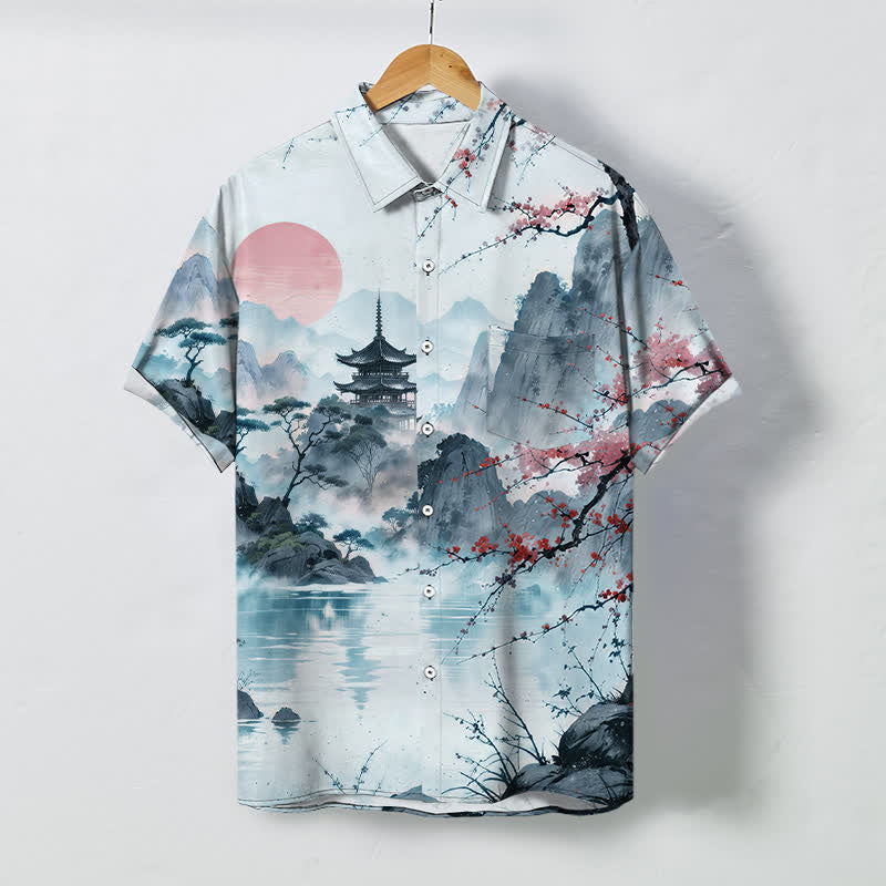 Buddha Stones Chemise à manches courtes respirante pour homme, motif floral et pavillon, inspirée des paysages d'encre - Bleu clair - US/UK/AU48，EU58 (4XL) - image 5