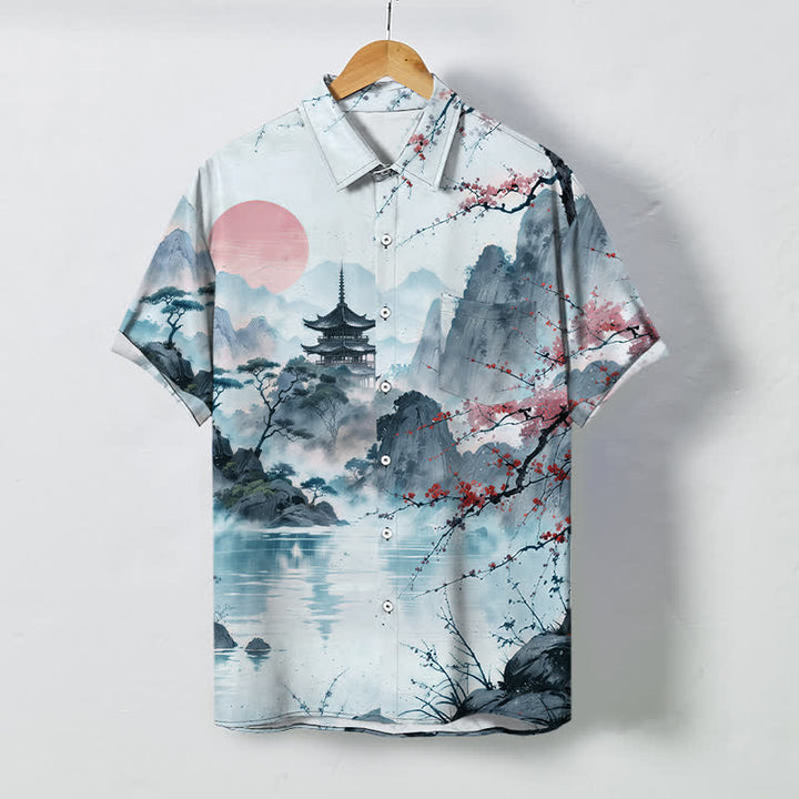 Buddha Stones Chemise à manches courtes respirante pour homme, motif floral et pavillon, inspirée des paysages d'encre - Bleu clair - US/UK/AU48，EU58 (4XL) - image 5