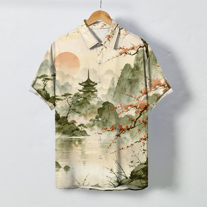 Buddha Stones Chemise à manches courtes respirante pour homme, motif floral et pavillon, inspirée des paysages d'encre - Beige - US/UK/AU48，EU58 (4XL) - image 7