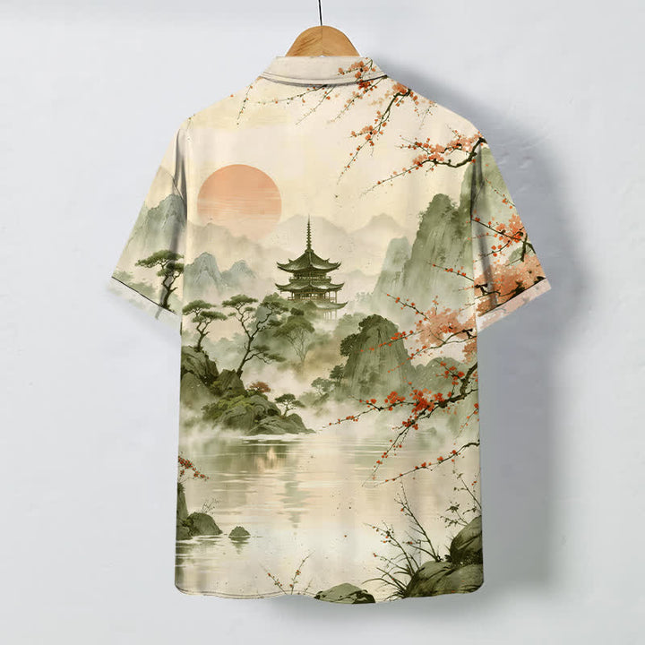 Buddha Stones Chemise à manches courtes respirante pour homme, motif floral et pavillon, inspirée des paysages d'encre - image 8
