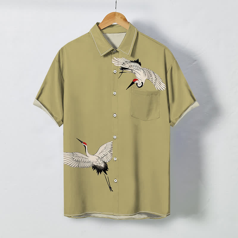Buddha Stones Chemise à manches courtes respirante pour homme avec boutons à motif de grues blanches. - DarkKhaki - US/UK/AU48，EU58 (4XL) - image 3
