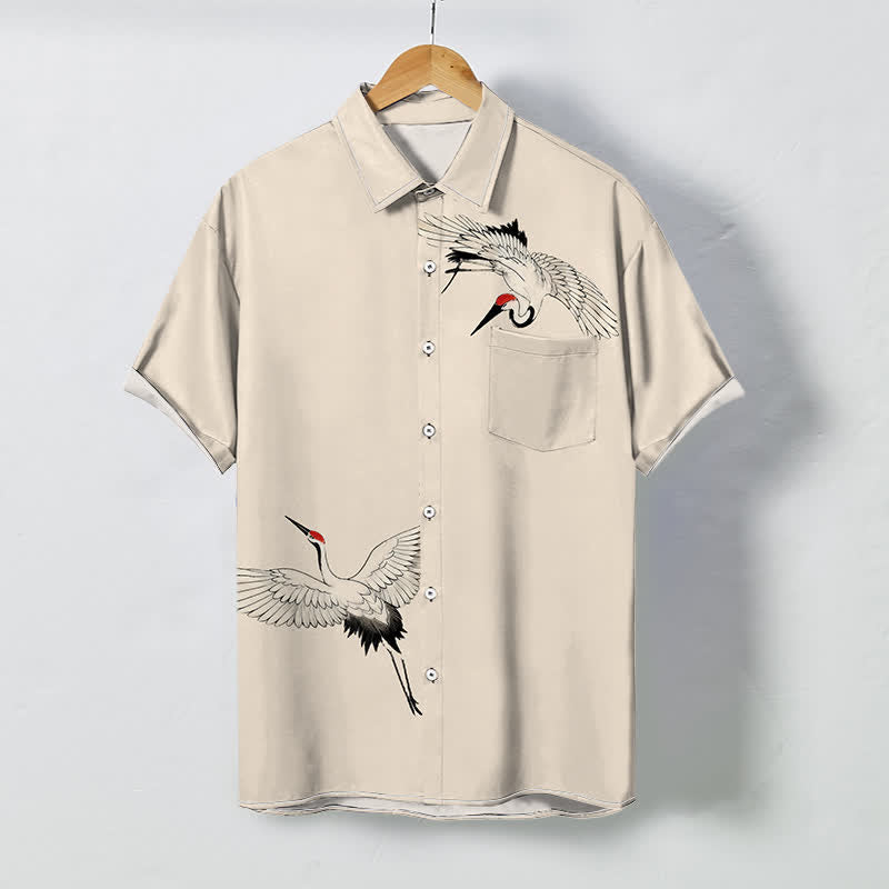 Buddha Stones Chemise à manches courtes respirante pour homme avec boutons à motif de grues blanches. - Beige - US/UK/AU48，EU58 (4XL) - image 5
