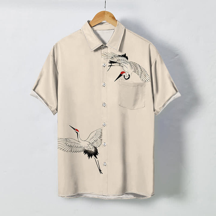 Buddha Stones Chemise à manches courtes respirante pour homme avec boutons à motif de grues blanches. - Beige - US/UK/AU48，EU58 (4XL) - image 5