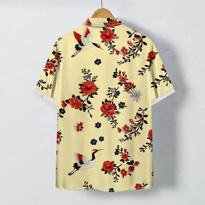 Buddha Stones Chemise à manches courtes respirante pour homme avec boutons à motif de branches de grues en fleurs - image 1