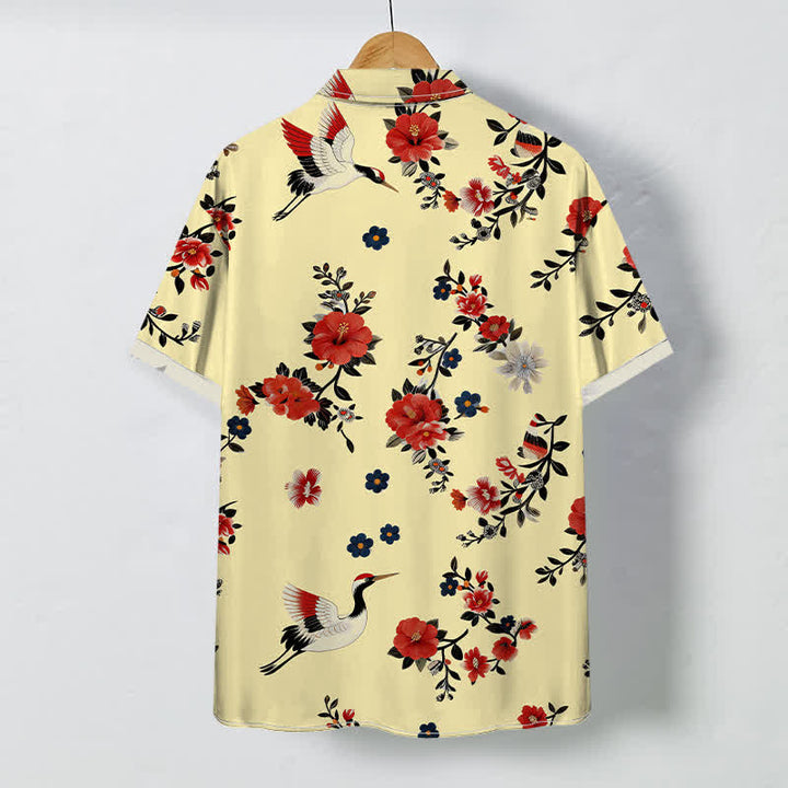 Buddha Stones Chemise à manches courtes respirante pour homme avec boutons à motif de branches de grues en fleurs - image 1