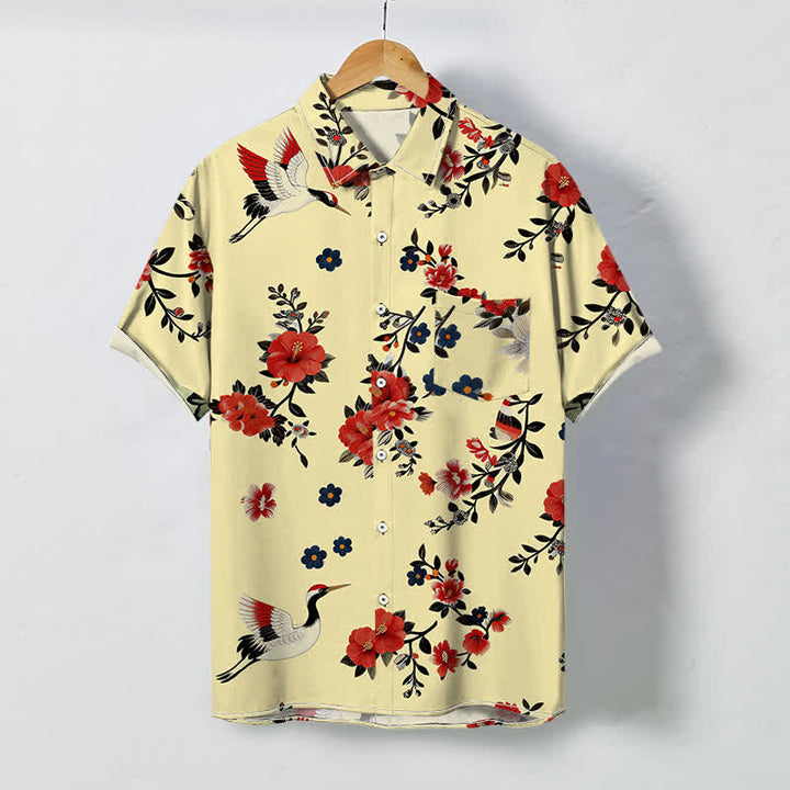 Buddha Stones Chemise à manches courtes respirante pour homme avec boutons à motif de branches de grues en fleurs - Jaune d'or pâle - US/UK/AU48，EU58 (4XL) - image 0