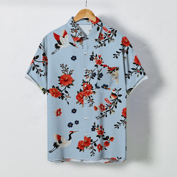 Buddha Stones Chemise à manches courtes respirante pour homme avec boutons à motif de branches de grues en fleurs - Bleu clair - US/UK/AU48，EU58 (4XL) - image 3
