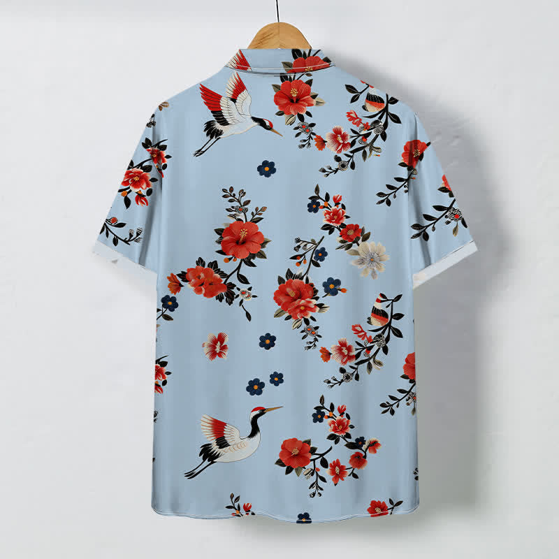 Buddha Stones Chemise à manches courtes respirante pour homme avec boutons à motif de branches de grues en fleurs - image 4
