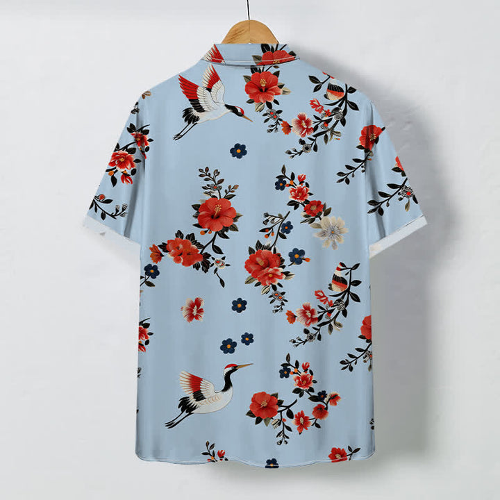 Buddha Stones Chemise à manches courtes respirante pour homme avec boutons à motif de branches de grues en fleurs - image 4
