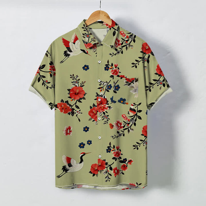 Buddha Stones Chemise à manches courtes respirante pour homme avec boutons à motif de branches de grues en fleurs - DarkKhaki - US/UK/AU48，EU58 (4XL) - image 5