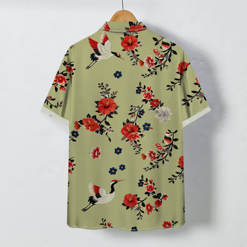 Buddha Stones Chemise à manches courtes respirante pour homme avec boutons à motif de branches de grues en fleurs - image 6