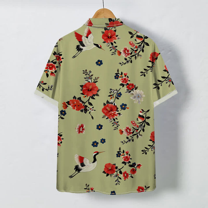 Buddha Stones Chemise à manches courtes respirante pour homme avec boutons à motif de branches de grues en fleurs - image 6