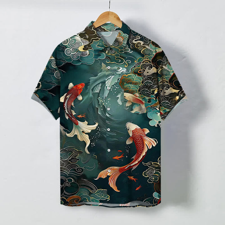 Buddha Stones Chemise à manches courtes respirante pour homme, motif vagues et nuages, style vintage Koi Fish - Sarcelle - US/UK/AU48，EU58 (4XL) - image 0