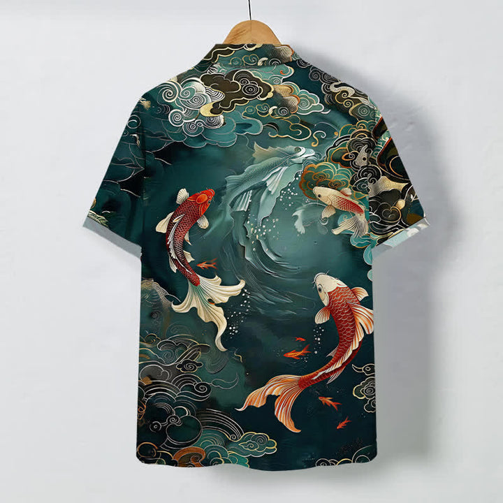 Buddha Stones Chemise à manches courtes respirante pour homme, motif vagues et nuages, style vintage Koi Fish - image 1