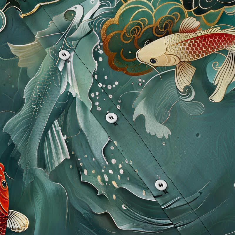 Buddha Stones Chemise à manches courtes respirante pour homme, motif vagues et nuages, style vintage Koi Fish - image 3