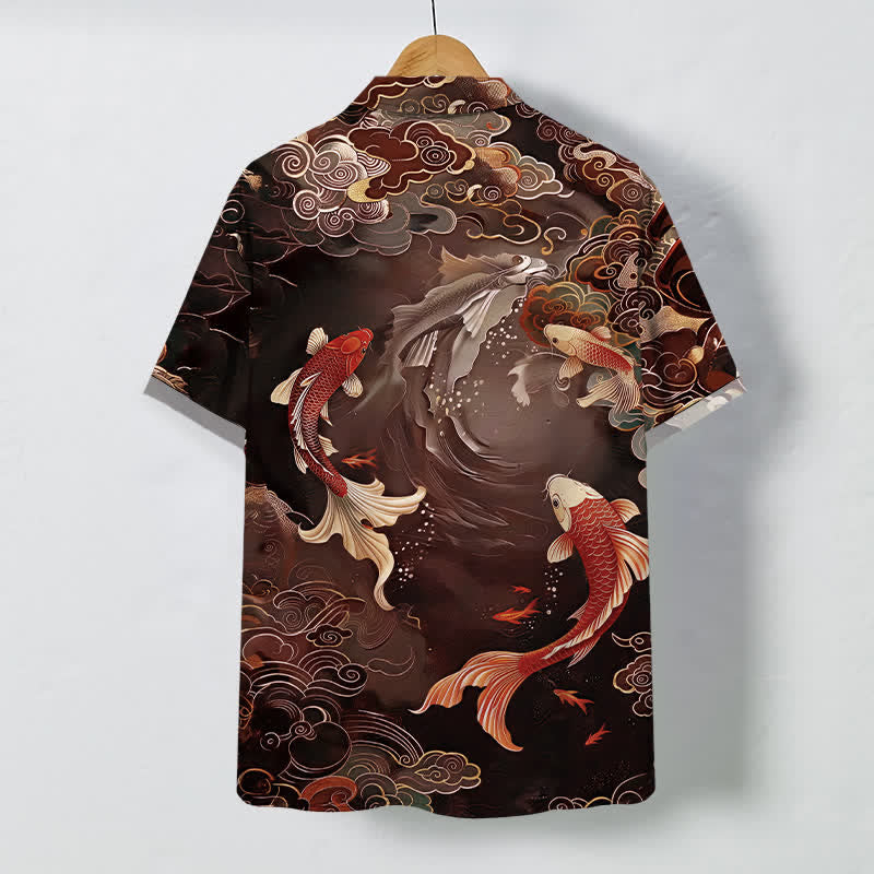 Buddha Stones Chemise à manches courtes respirante pour homme, motif vagues et nuages, style vintage Koi Fish - image 6