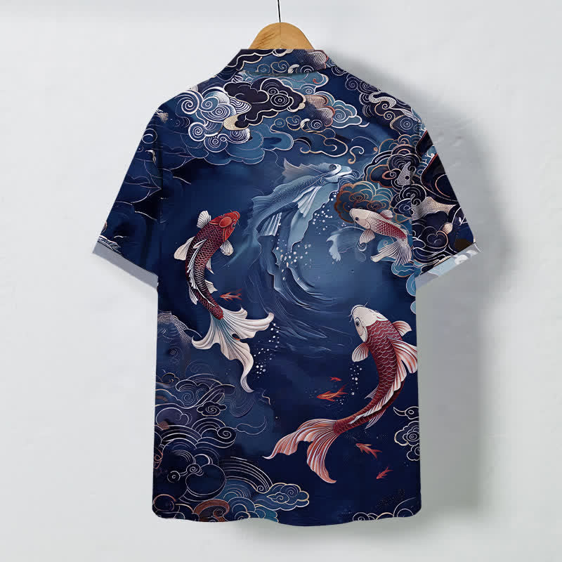 Buddha Stones Chemise à manches courtes respirante pour homme, motif vagues et nuages, style vintage Koi Fish - image 8