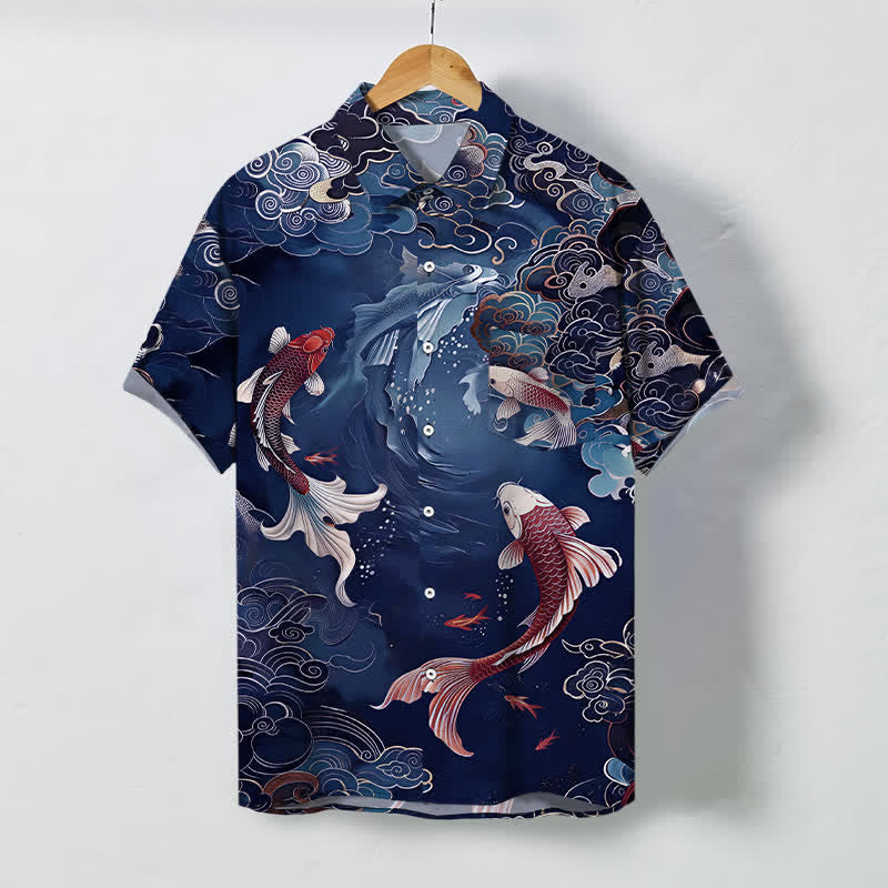 Buddha Stones Chemise à manches courtes respirante pour homme, motif vagues et nuages, style vintage Koi Fish - Marine - US/UK/AU48，EU58 (4XL) - image 7