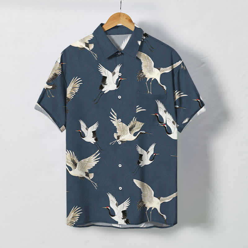Buddha Stones Chemise à manches courtes respirante pour homme avec boutons à motif de grue blanche - SteelBlue - US/UK/AU48，EU58 (4XL) - image 0