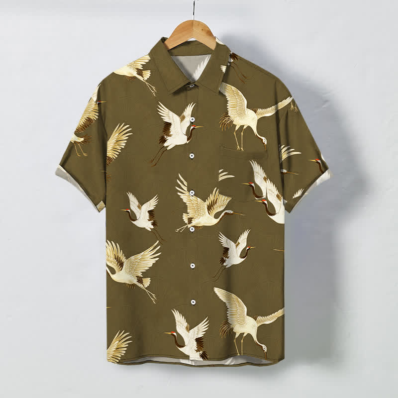 Buddha Stones Chemise à manches courtes respirante pour homme avec boutons à motif de grue blanche - Vert olive foncé - US/UK/AU48，EU58 (4XL) - image 5