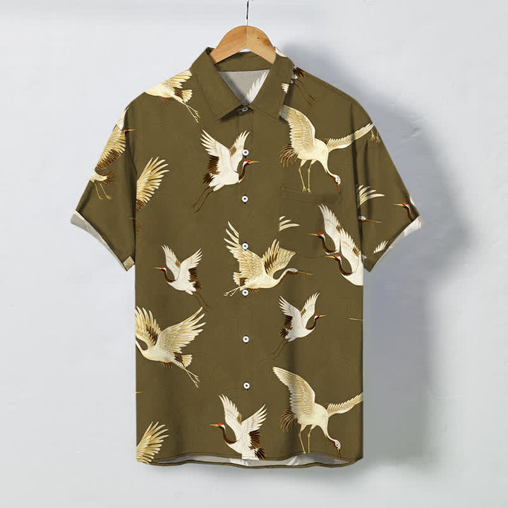 Buddha Stones Chemise à manches courtes respirante pour homme avec boutons à motif de grue blanche - Vert olive foncé - US/UK/AU48，EU58 (4XL) - image 5