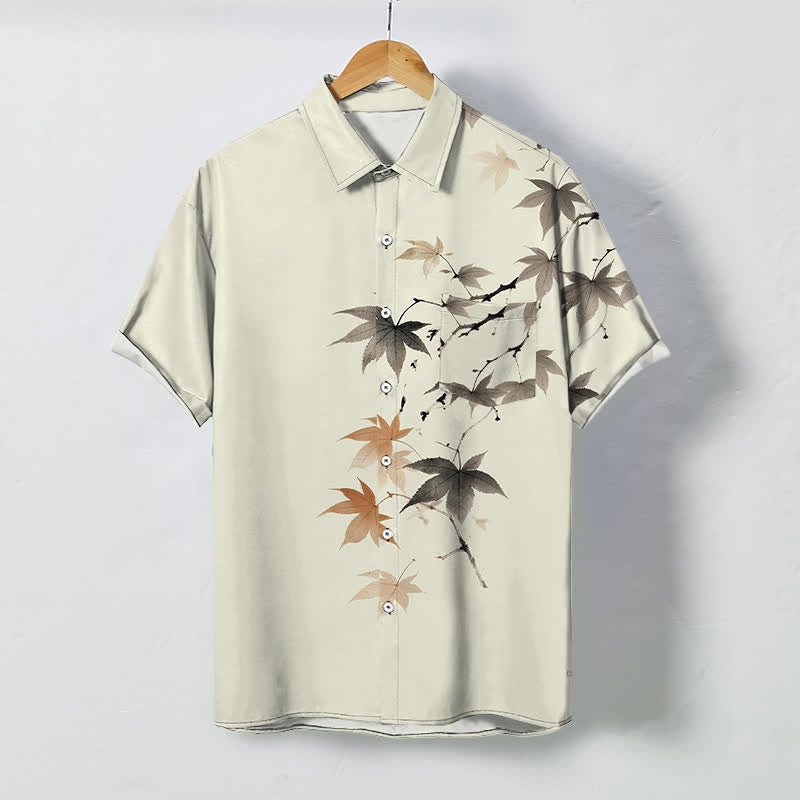 Buddha Stones Chemise à manches courtes respirante pour homme, à boutons et motif branches d'érable automnales - Beige - US/UK/AU48，EU58 (4XL) - image 0