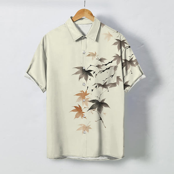 Buddha Stones Chemise à manches courtes respirante pour homme, à boutons et motif branches d'érable automnales - Beige - US/UK/AU48，EU58 (4XL) - image 0
