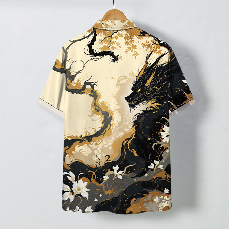 Buddha Stones Chemise à manches courtes respirante pour homme, à boutons et motif floral nuage de dragon doré - image 1