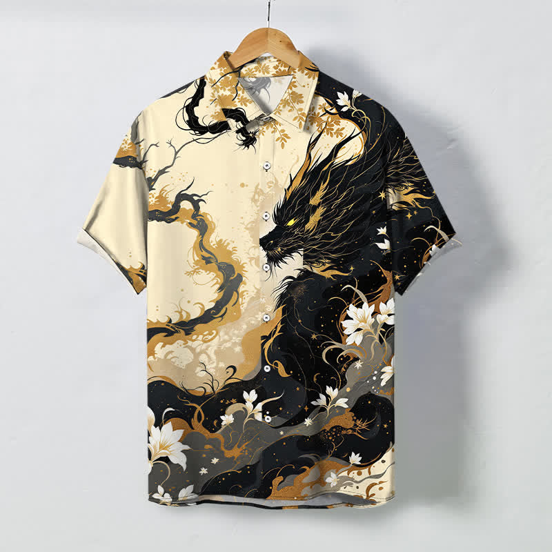 Buddha Stones Chemise à manches courtes respirante pour homme, à boutons et motif floral nuage de dragon doré - Blanc antique - US/UK/AU48，EU58 (4XL) - image 0