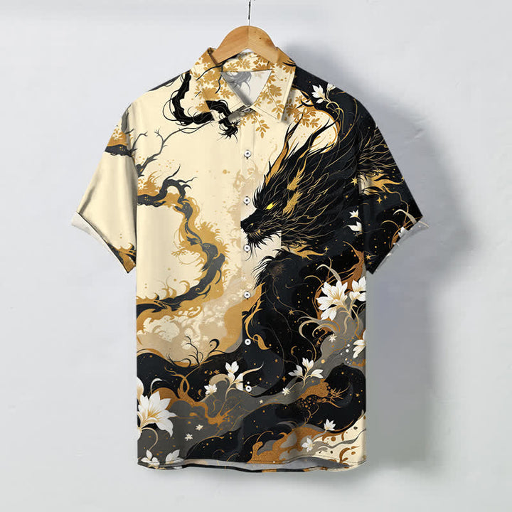 Buddha Stones Chemise à manches courtes respirante pour homme, à boutons et motif floral nuage de dragon doré - Blanc antique - US/UK/AU48，EU58 (4XL) - image 0