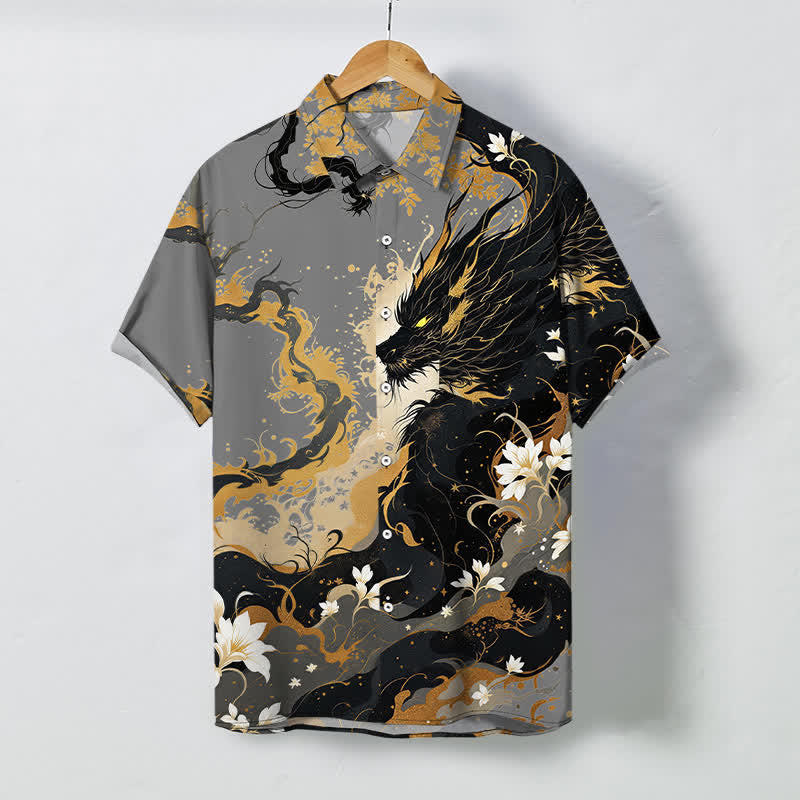 Buddha Stones Chemise à manches courtes respirante pour homme, à boutons et motif floral nuage de dragon doré - Gris sombre - US/UK/AU48，EU58 (4XL) - image 5