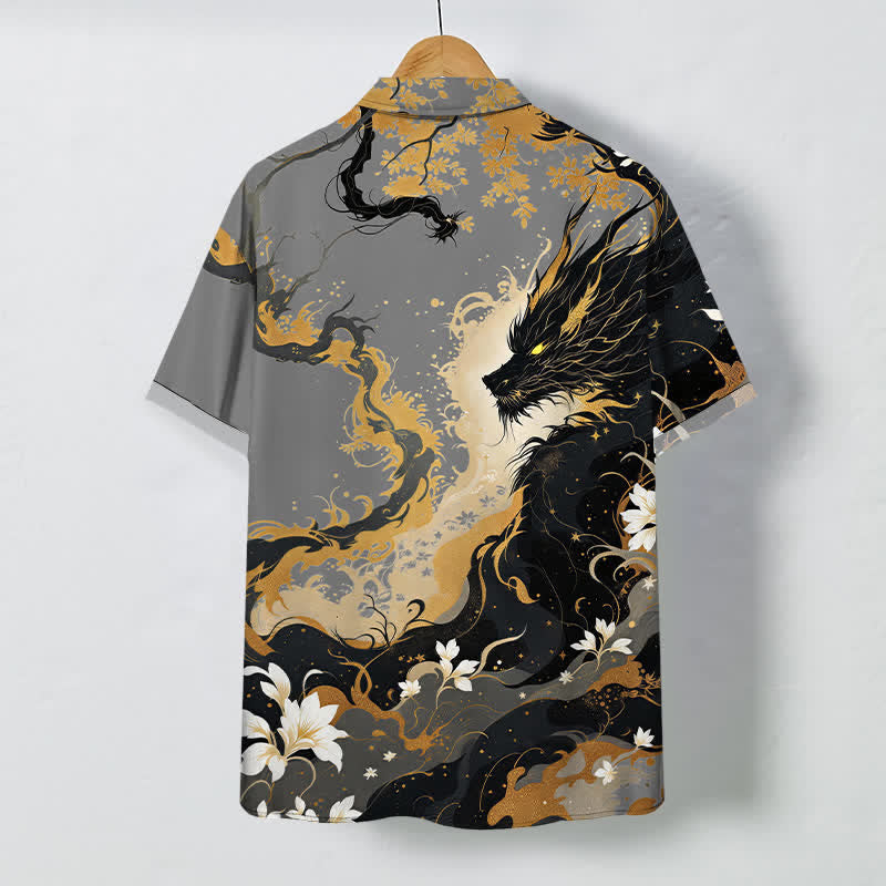 Buddha Stones Chemise à manches courtes respirante pour homme, à boutons et motif floral nuage de dragon doré - image 6