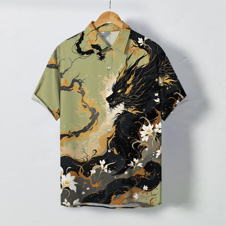 Buddha Stones Chemise à manches courtes respirante pour homme, à boutons et motif floral nuage de dragon doré - JauneVert - US/UK/AU48，EU58 (4XL) - image 7