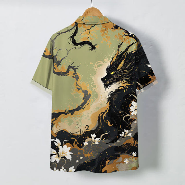 Buddha Stones Chemise à manches courtes respirante pour homme, à boutons et motif floral nuage de dragon doré - image 8