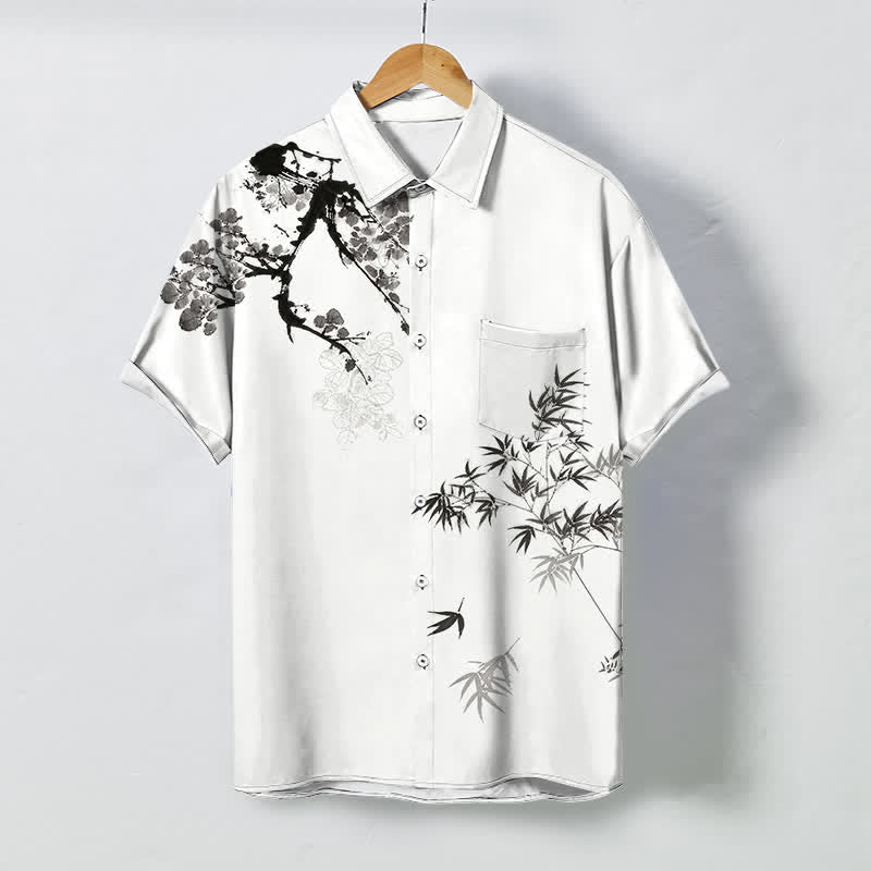 Buddha Stones Chemise à manches courtes respirante pour homme, ornée de boutons à motif de feuilles de bambou et de branches d'arbre. - Blanc - US/UK/AU48，EU58 (4XL) - image 0